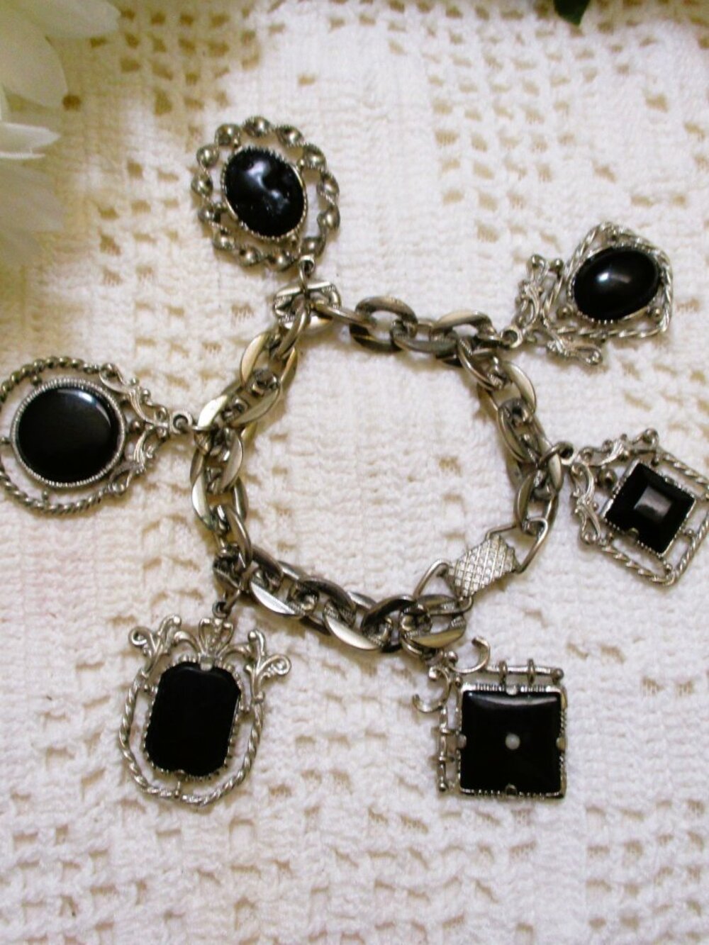 Vintage SELINI Charm Bracelet: French Jet Black Glass, Silver Art Nouveau Style